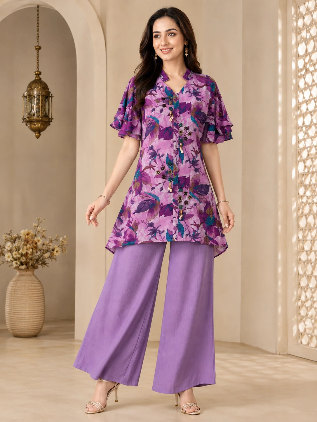 Lavender Printed Fish-Cut Short Kurta Co-ord Set