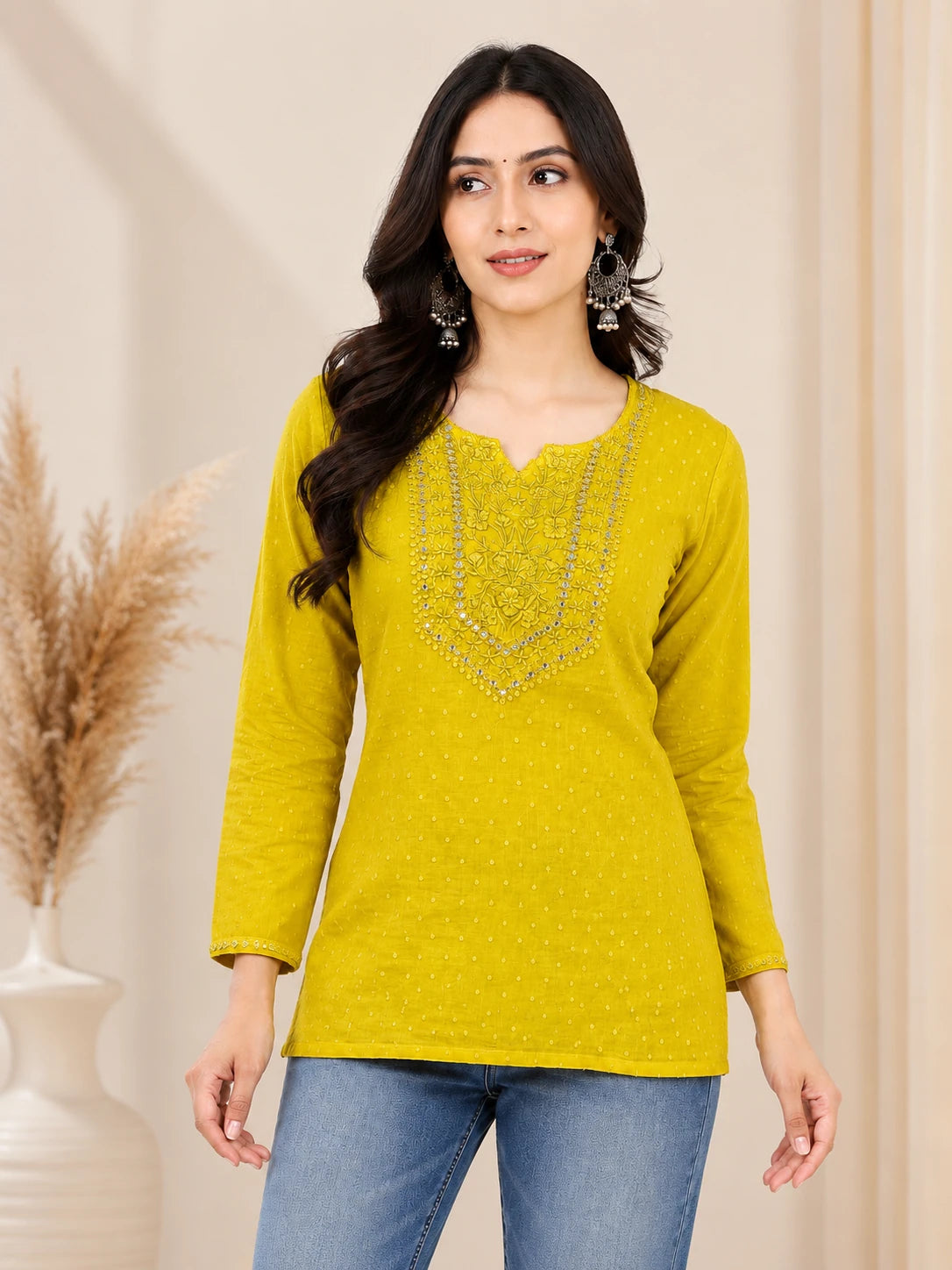 Lemon Cotton Embroidered Tunic Top