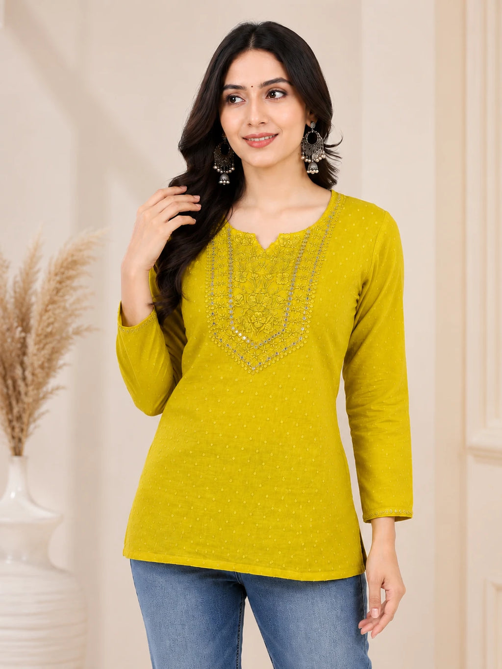 Lemon Cotton Embroidered Tunic Top