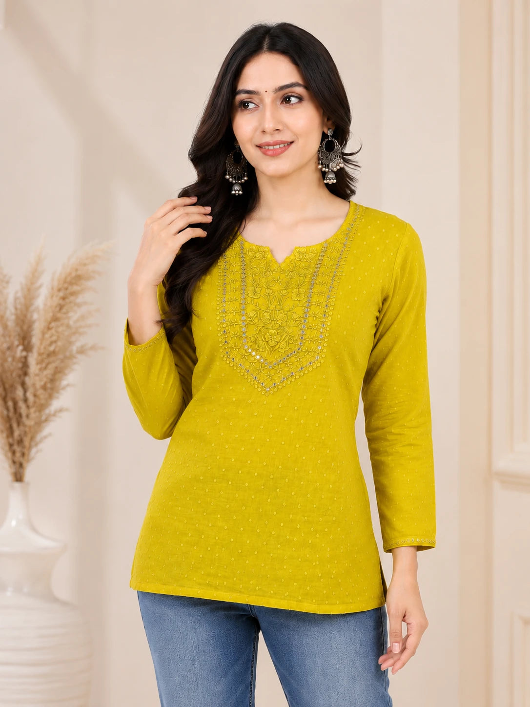 Lemon Cotton Embroidered Tunic Top