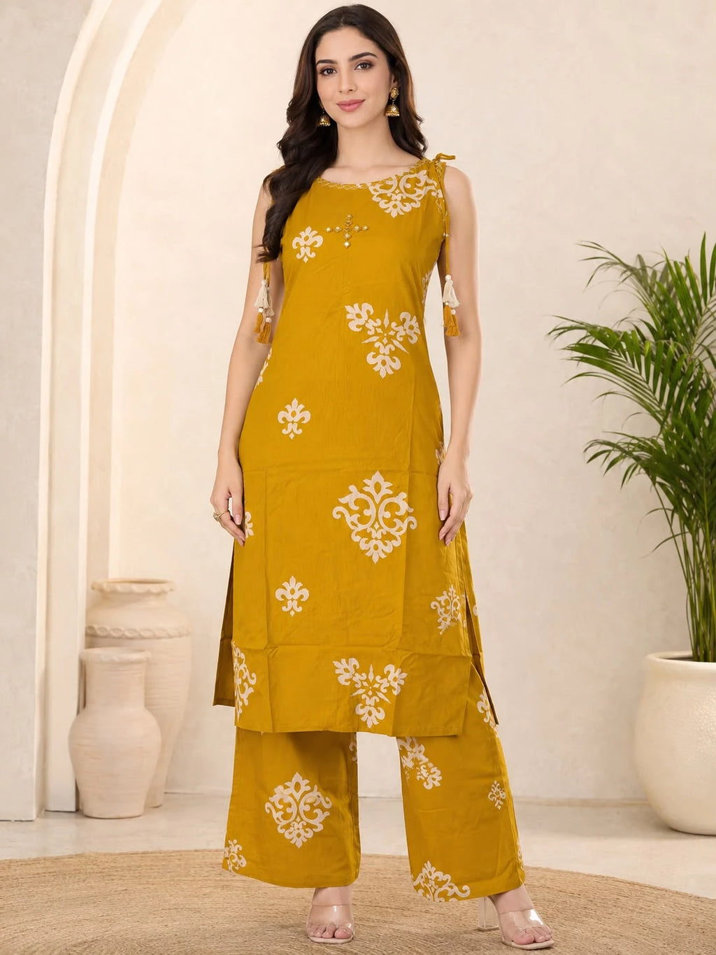 MUSTARD BOAT NECK PRINTED CO-ORD SET