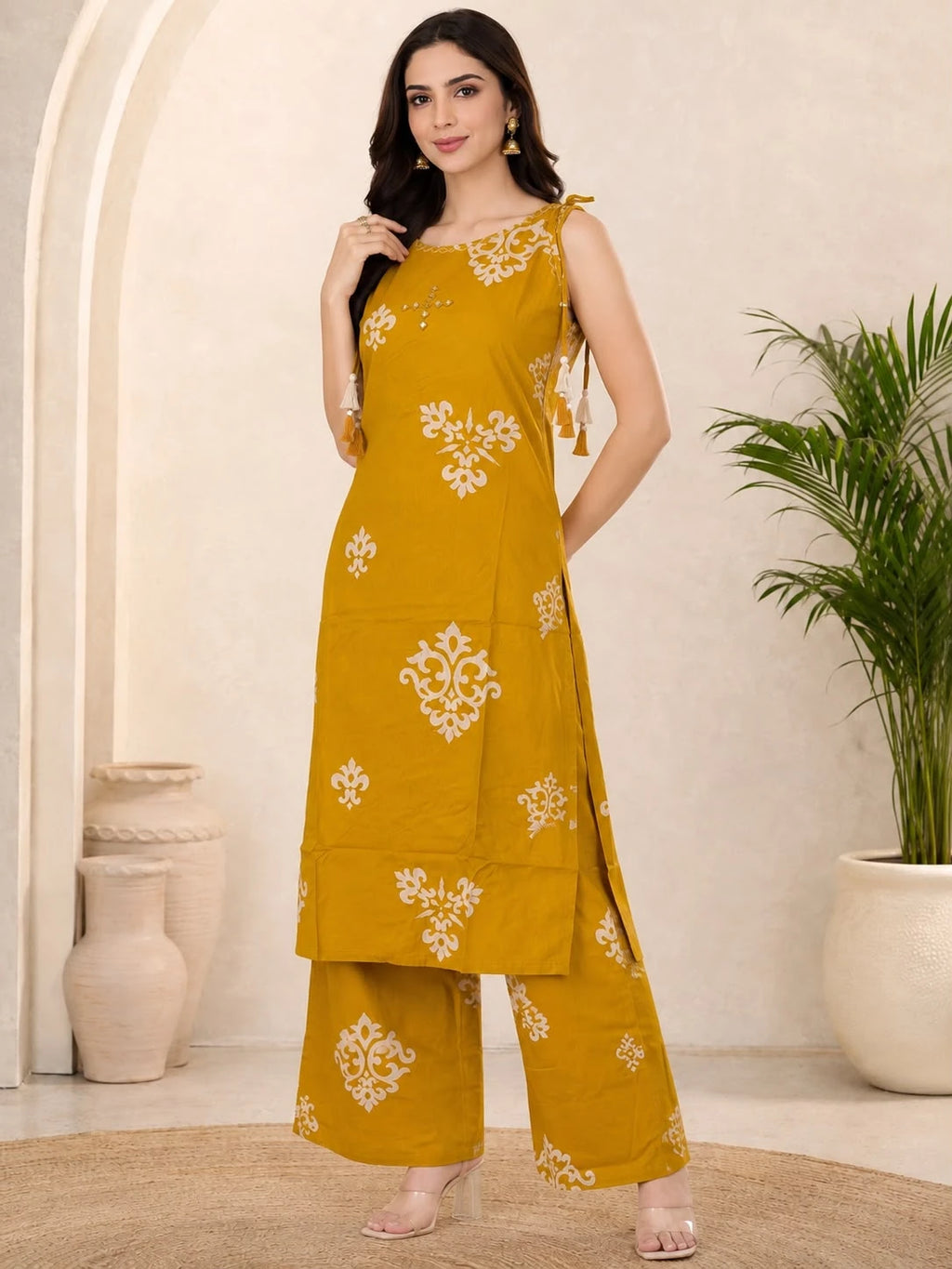 MUSTARD BOAT NECK PRINTED CO-ORD SET