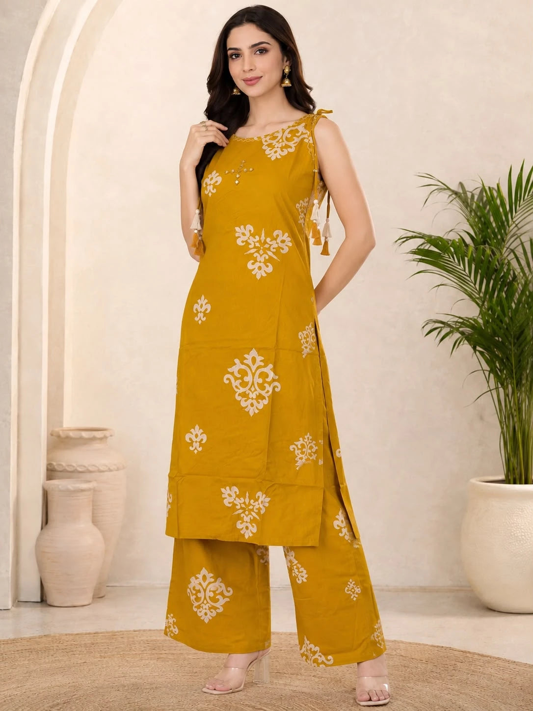 MUSTARD BOAT NECK PRINTED CO-ORD SET