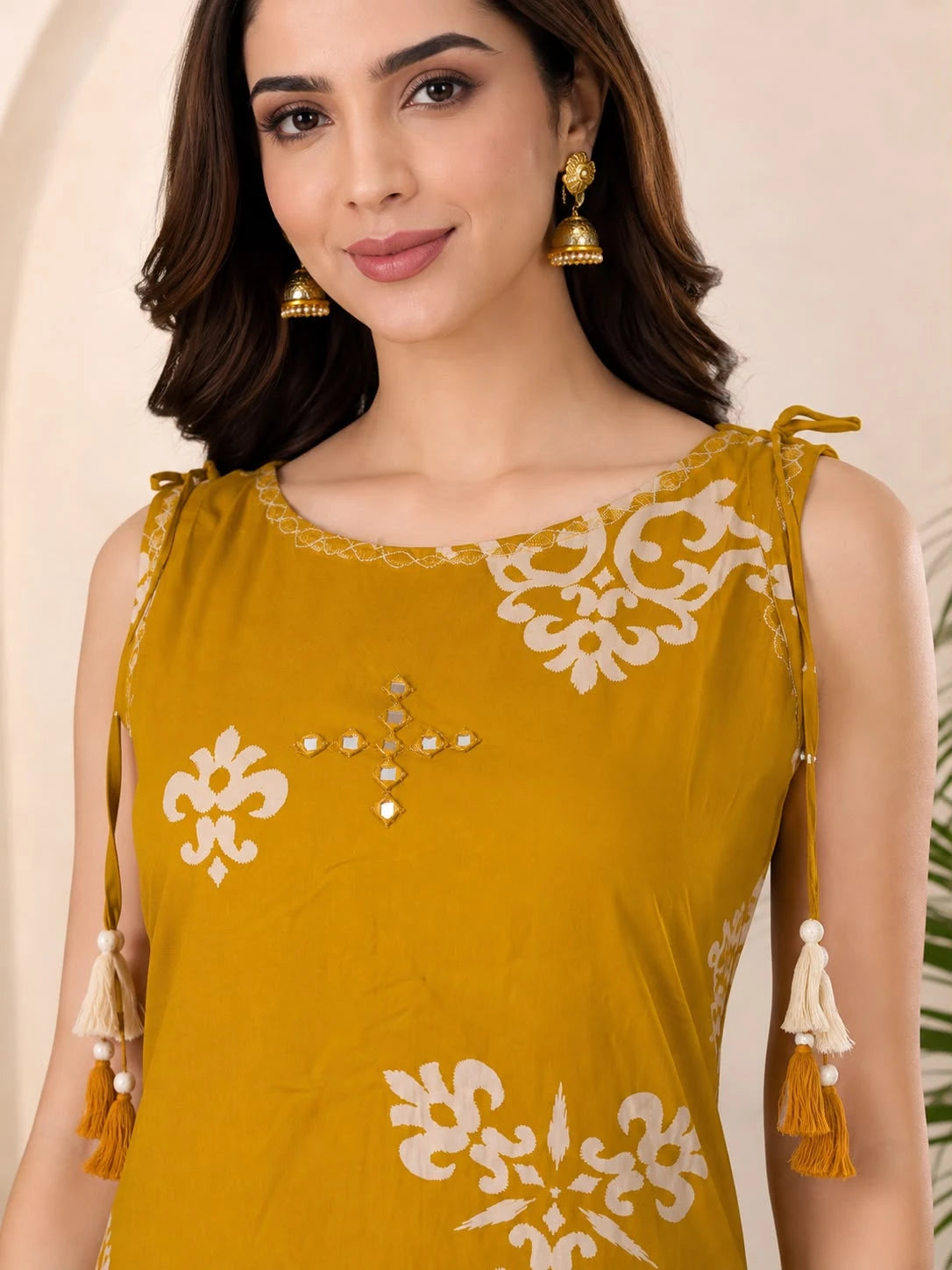 MUSTARD BOAT NECK PRINTED CO-ORD SET