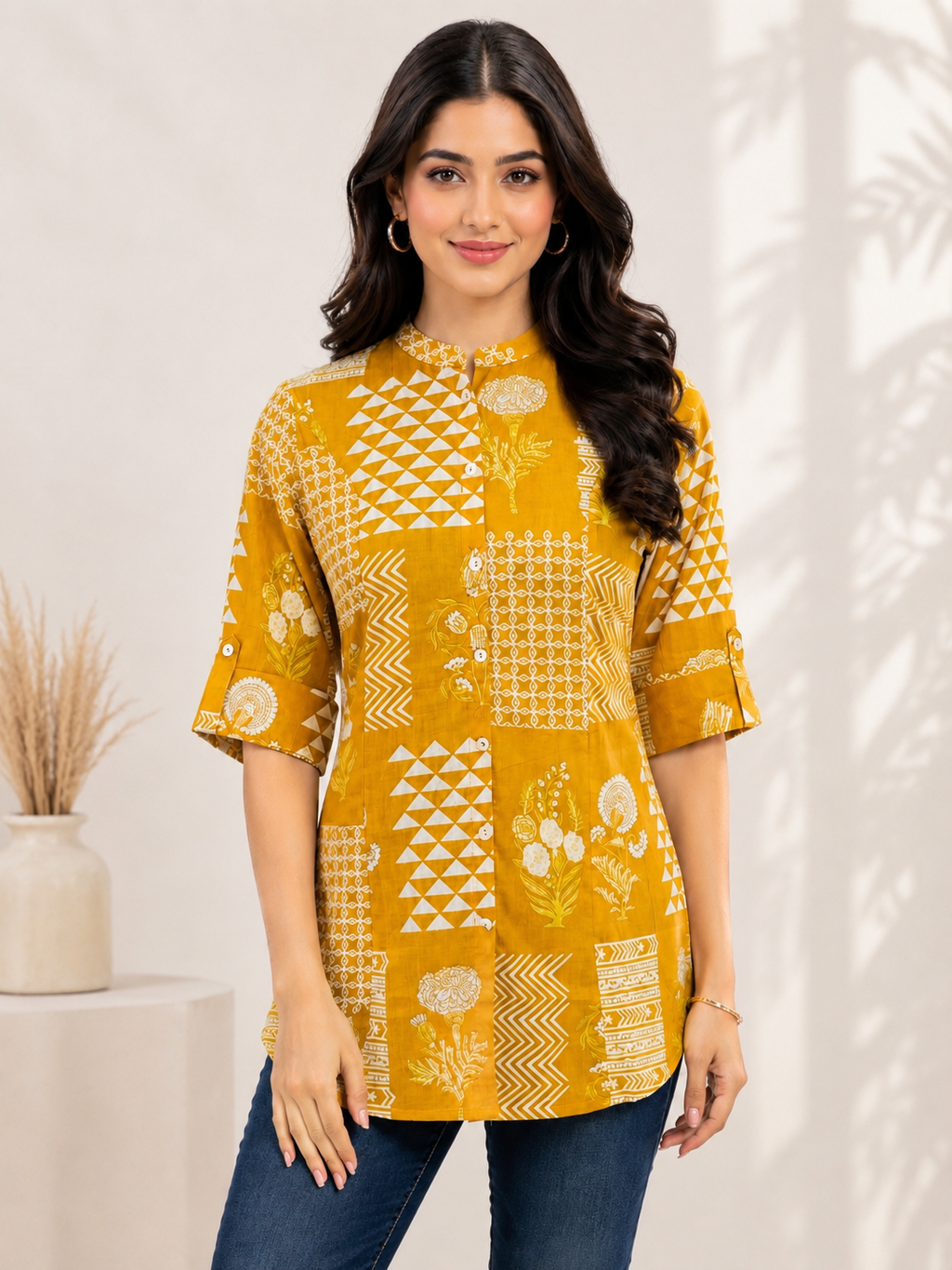 Mustard Yellow Cotton Print Tunic Top