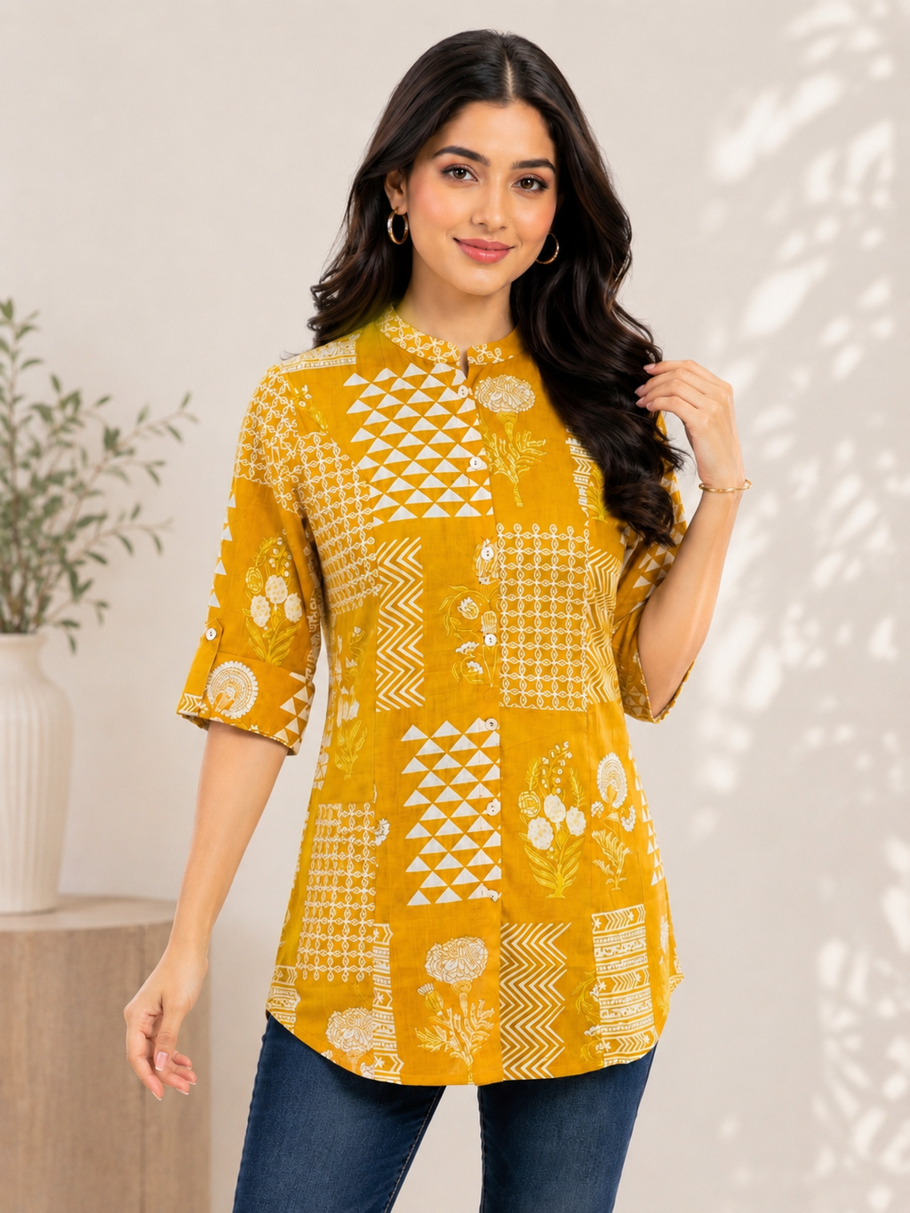 Mustard Yellow Cotton Print Tunic Top
