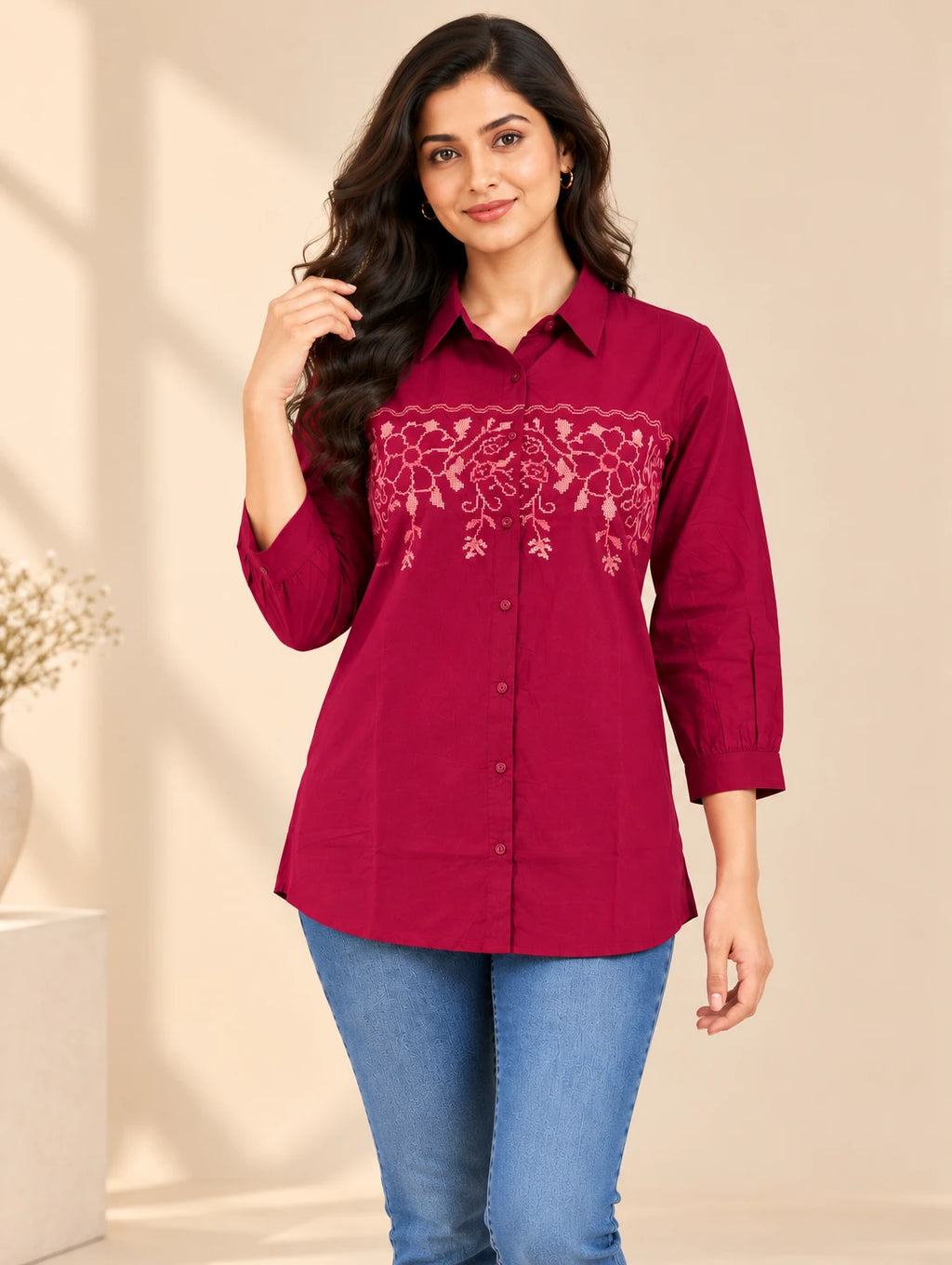 Magenta Embroidered Tunic Top