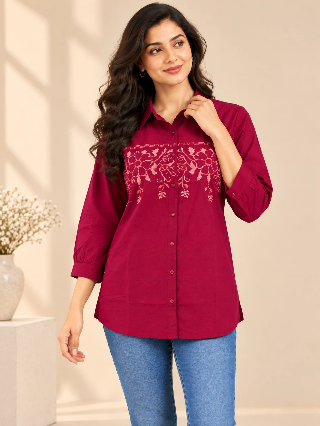 Magenta Embroidered Tunic Top