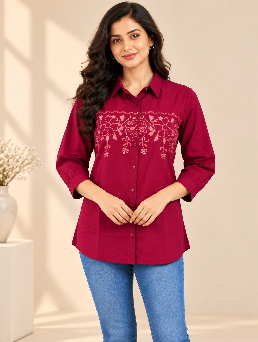 Magenta Embroidered Tunic Top