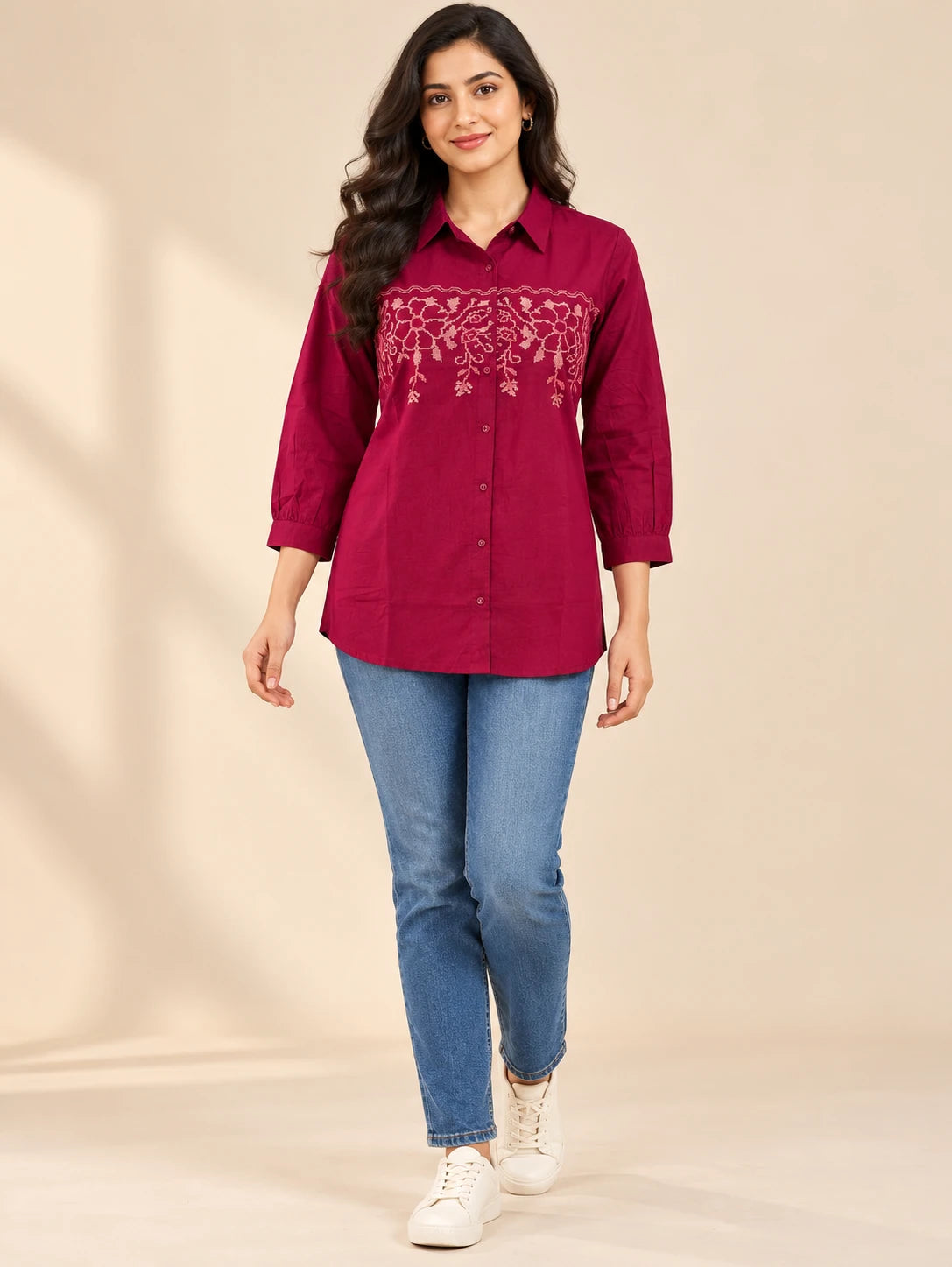 Magenta Embroidered Tunic Top