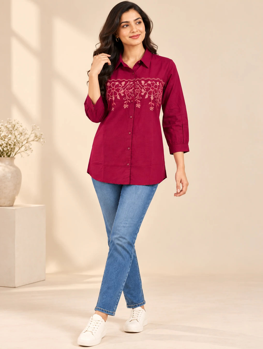 Magenta Embroidered Tunic Top