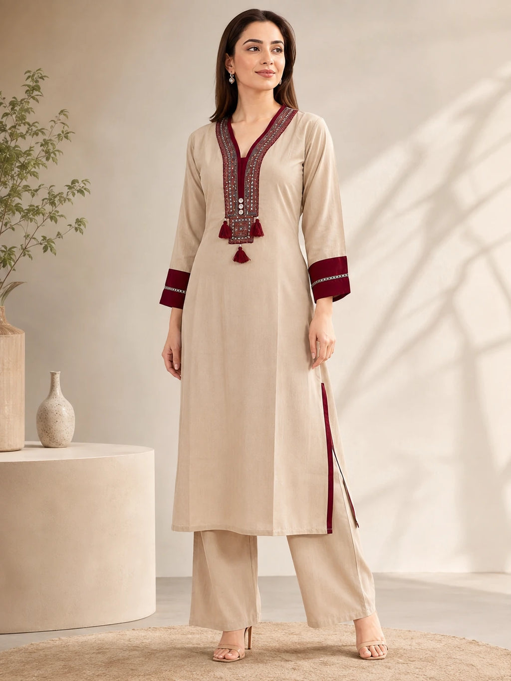 Maroon Sui Slub Embroidered Kurta & Palazzo Co-ord Set