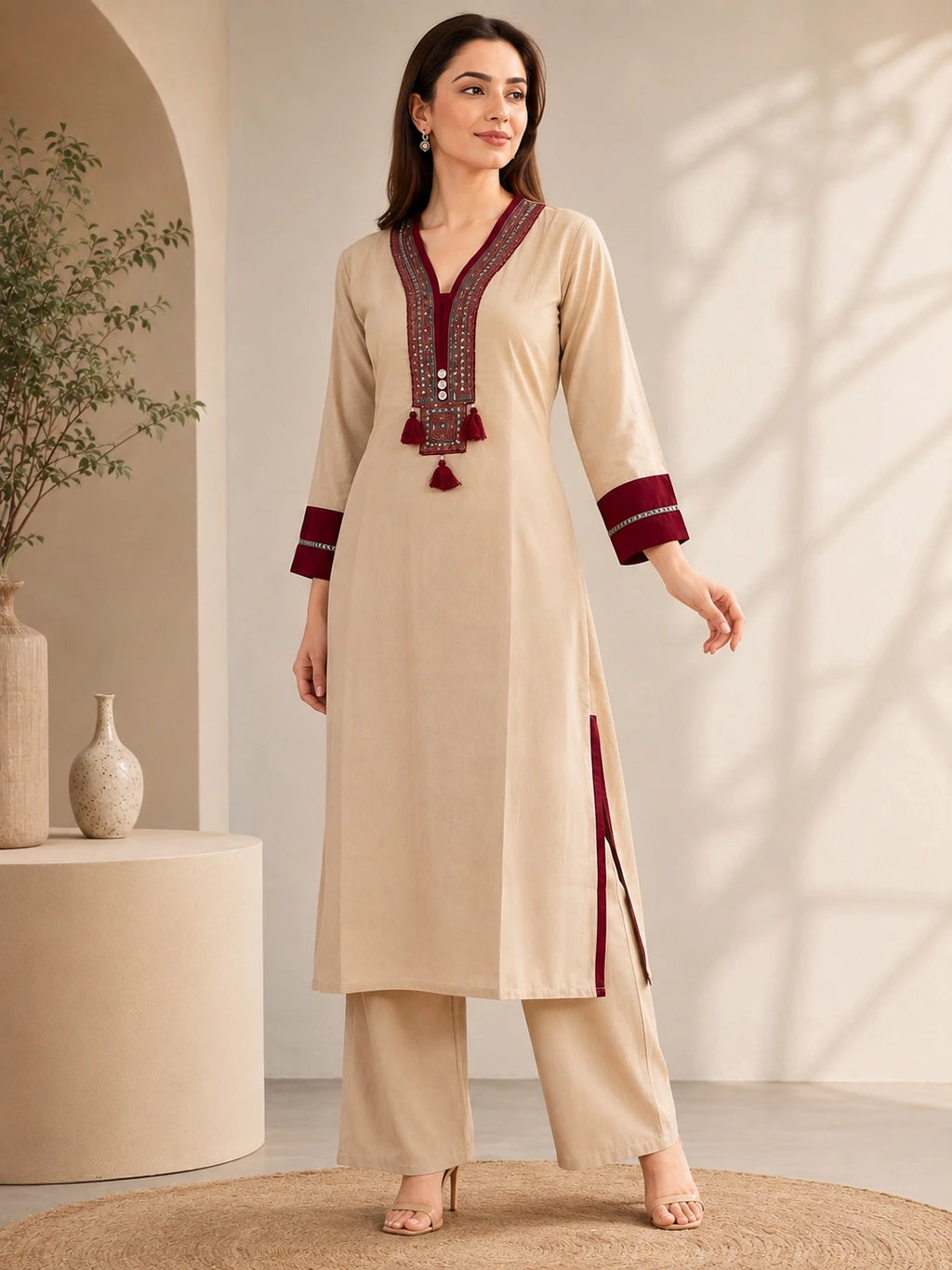 Maroon Sui Slub Embroidered Kurta & Palazzo Co-ord Set