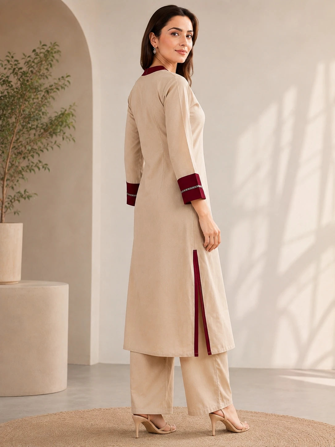 Maroon Sui Slub Embroidered Kurta & Palazzo Co-ord Set
