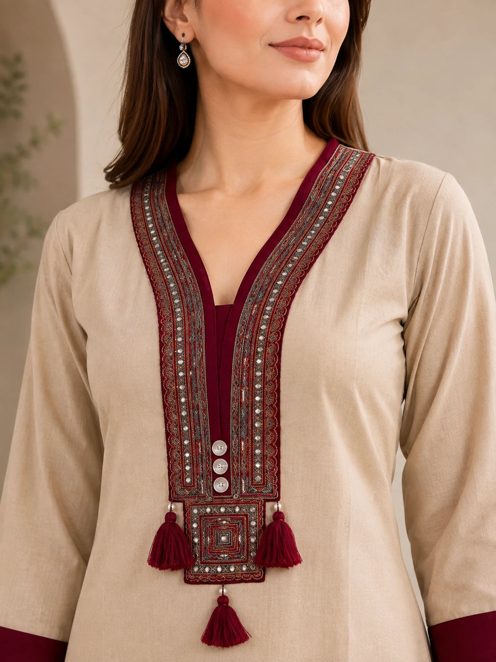 Maroon Sui Slub Embroidered Kurta & Palazzo Co-ord Set