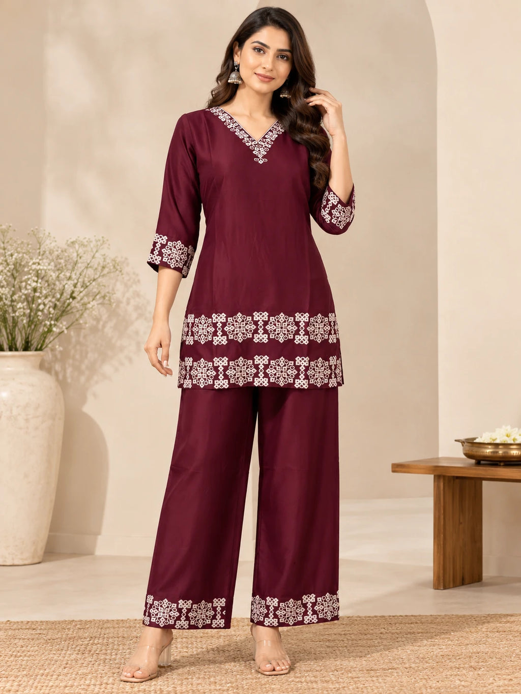 Maroon Embroidered Sui Slub Short Kurta Co-Ord Set