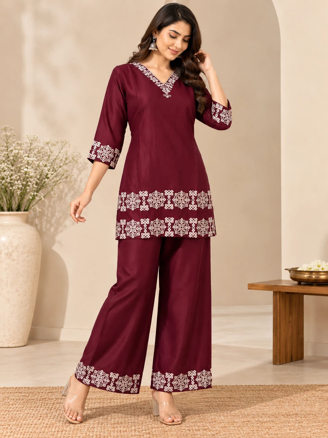 Maroon Embroidered Sui Slub Short Kurta Co-Ord Set