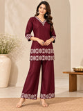 Maroon Embroidered Sui Slub Short Kurta Co-Ord Set