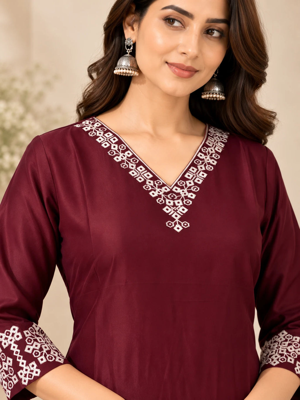 Maroon Embroidered Sui Slub Short Kurta Co-Ord Set