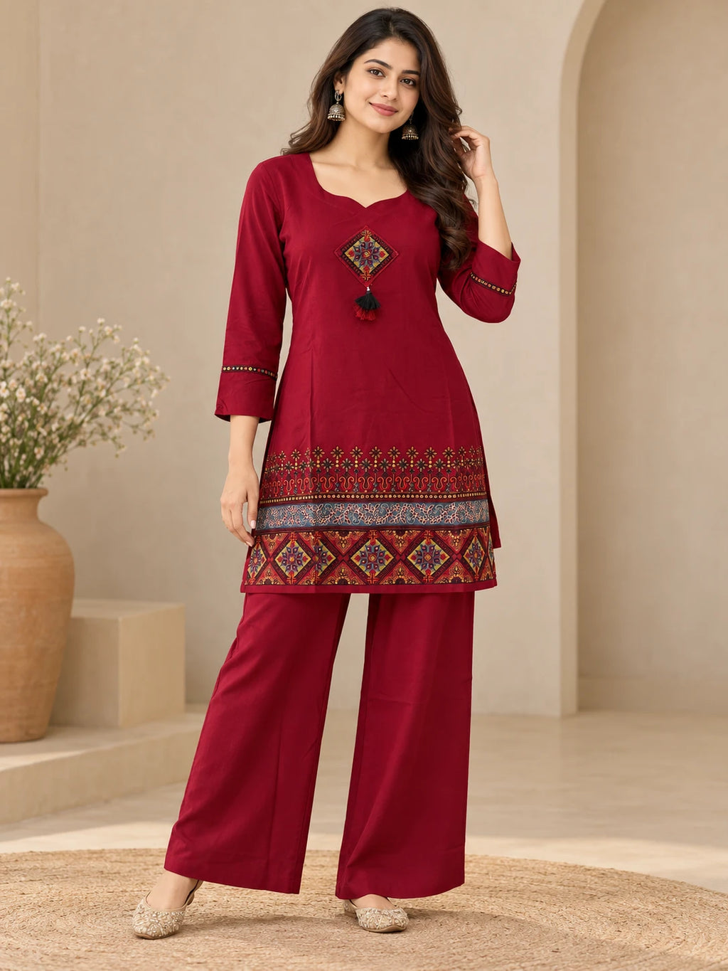 Maroon Embroidered Short Kurta Set