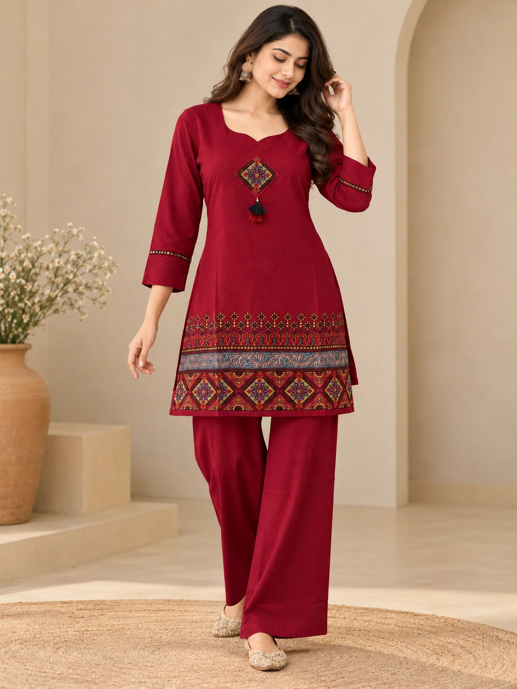 Maroon Embroidered Short Kurta Set