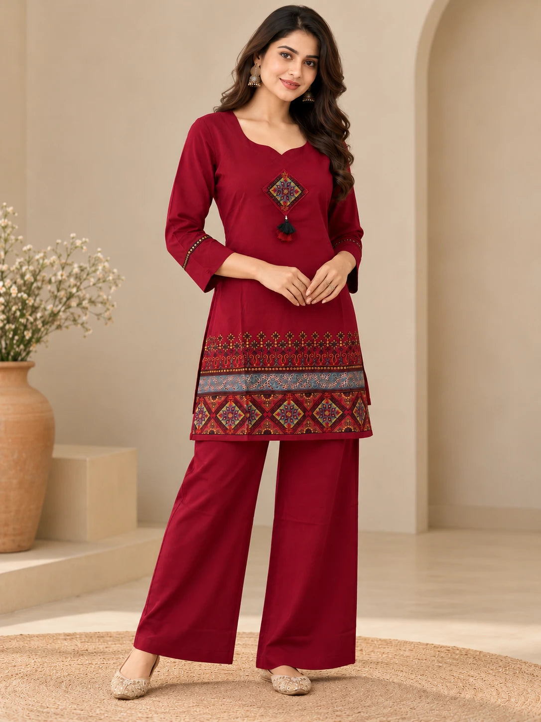 Maroon Embroidered Short Kurta Set