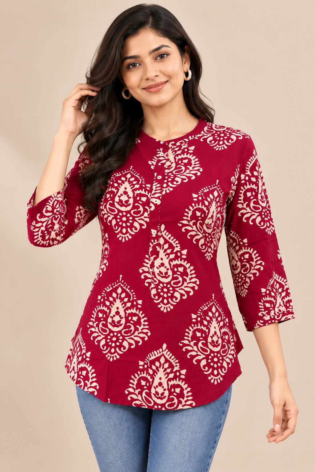 MAGENTA RAYON PRINT SHORT TUNIC TOP