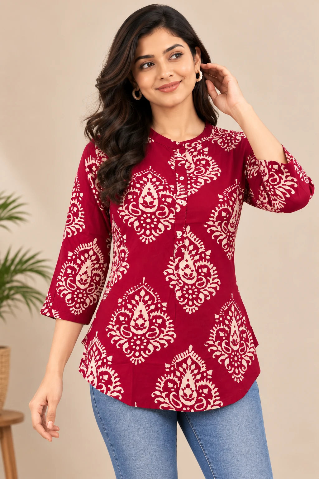 MAGENTA RAYON PRINT SHORT TUNIC TOP