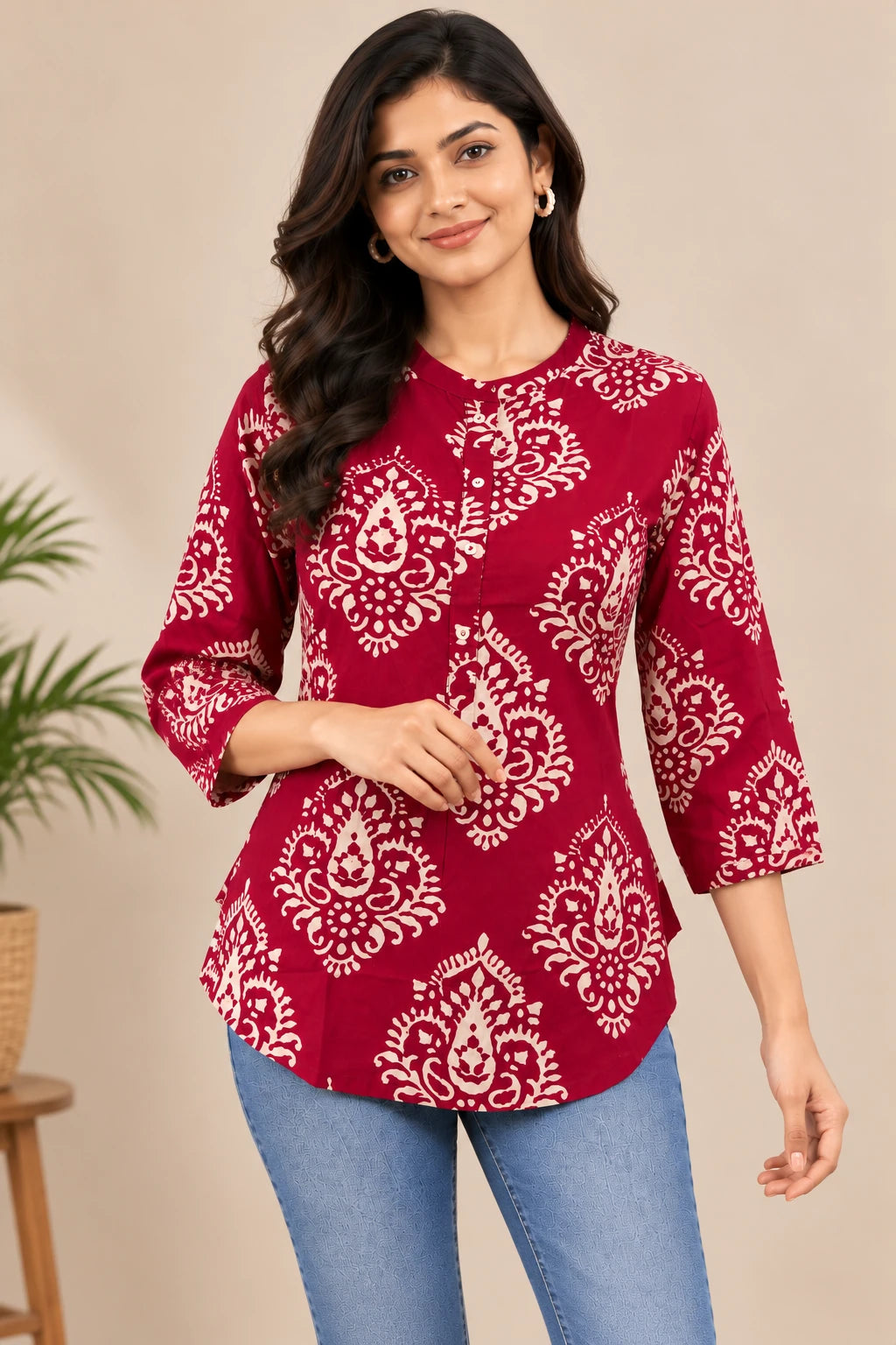 MAGENTA RAYON PRINT SHORT TUNIC TOP