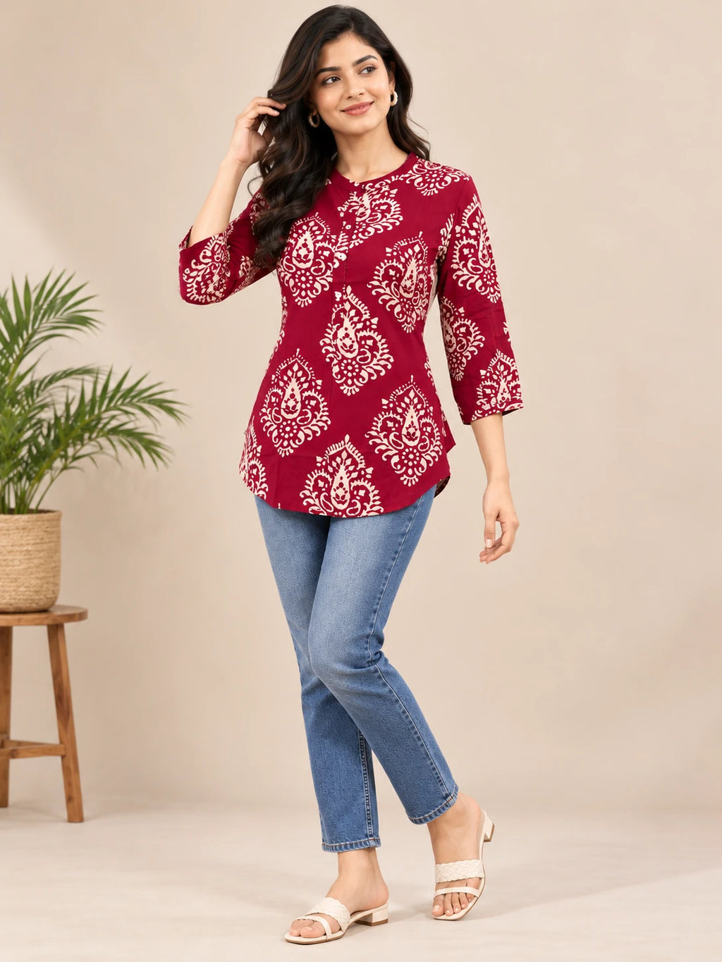 MAGENTA RAYON PRINT SHORT TUNIC TOP