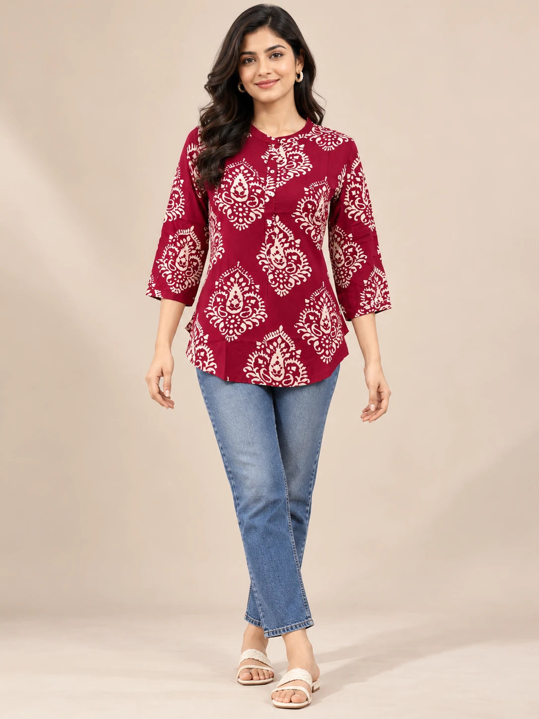 MAGENTA RAYON PRINT SHORT TUNIC TOP