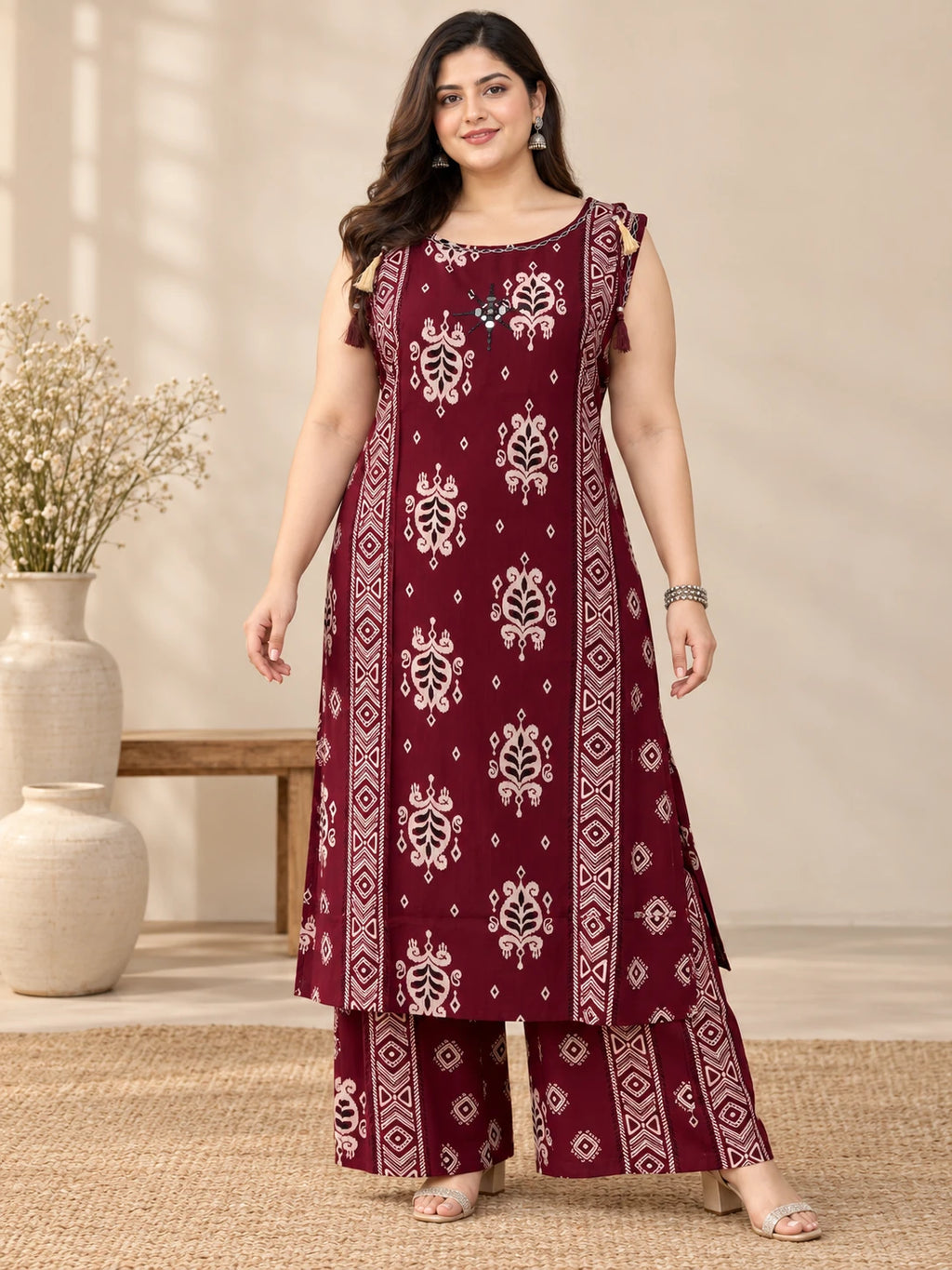 Plus Size Maroon Ethnic Printed Kurta Palazzo Set