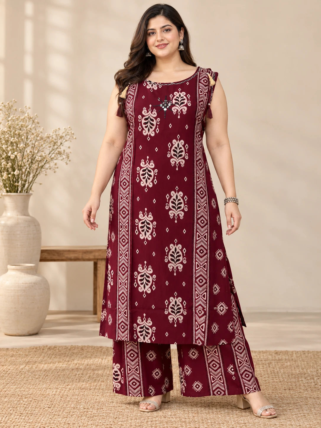 Plus Size Maroon Ethnic Printed Kurta Palazzo Set