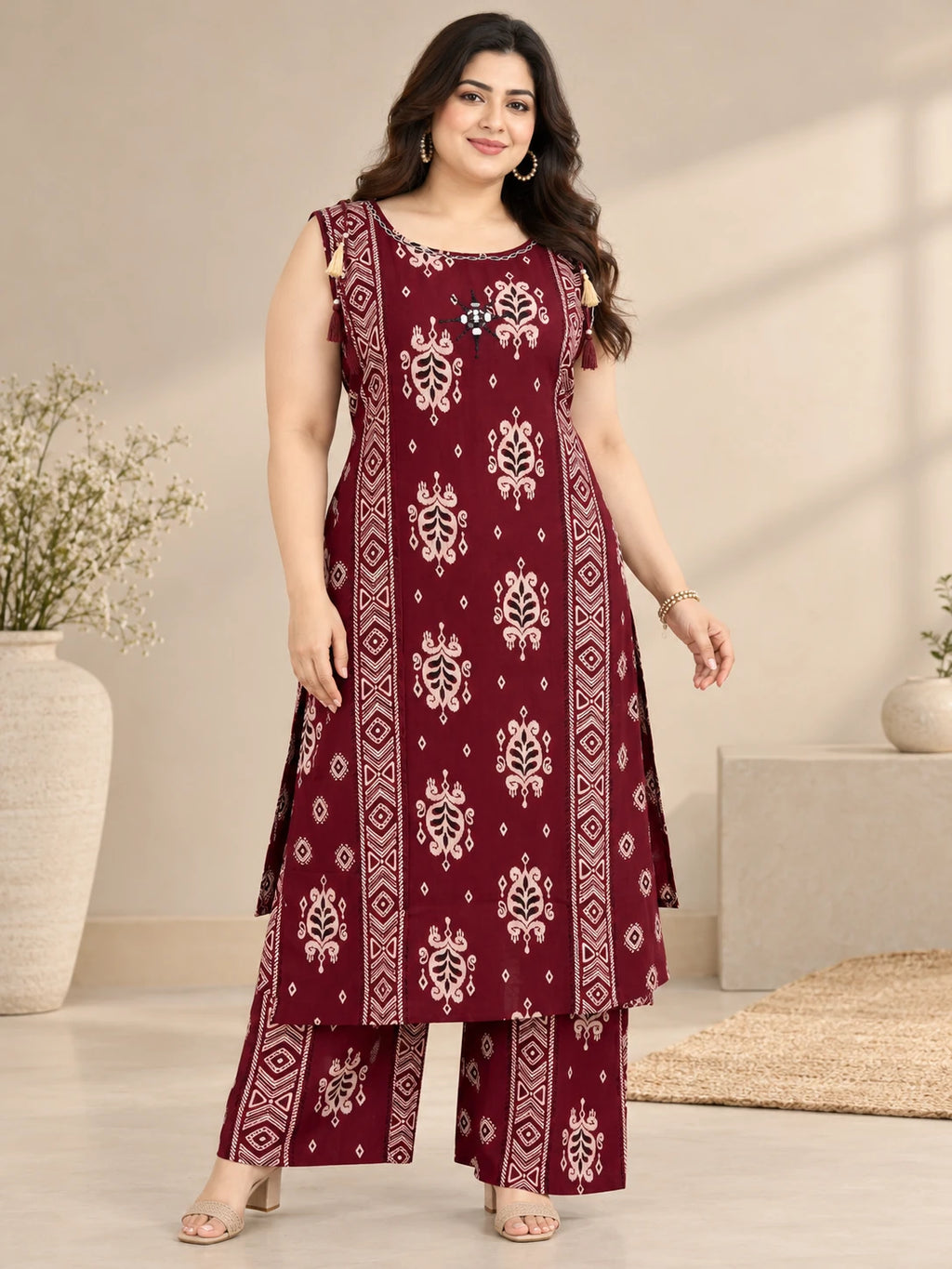 Plus Size Maroon Ethnic Printed Kurta Palazzo Set