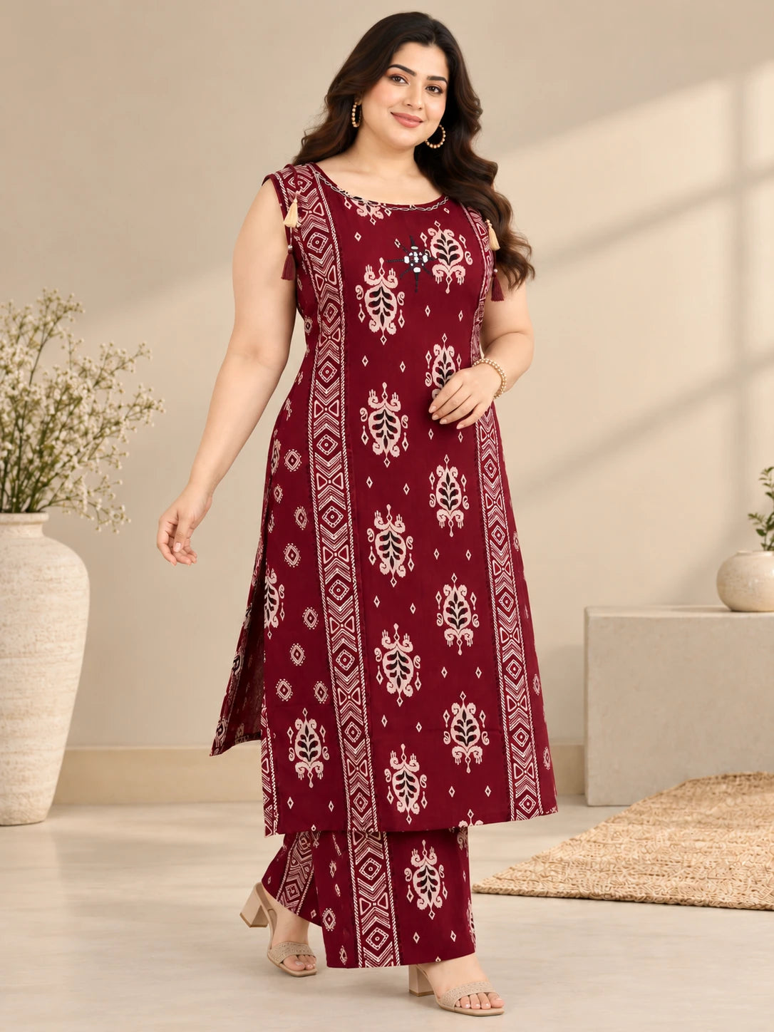 Plus Size Maroon Ethnic Printed Kurta Palazzo Set