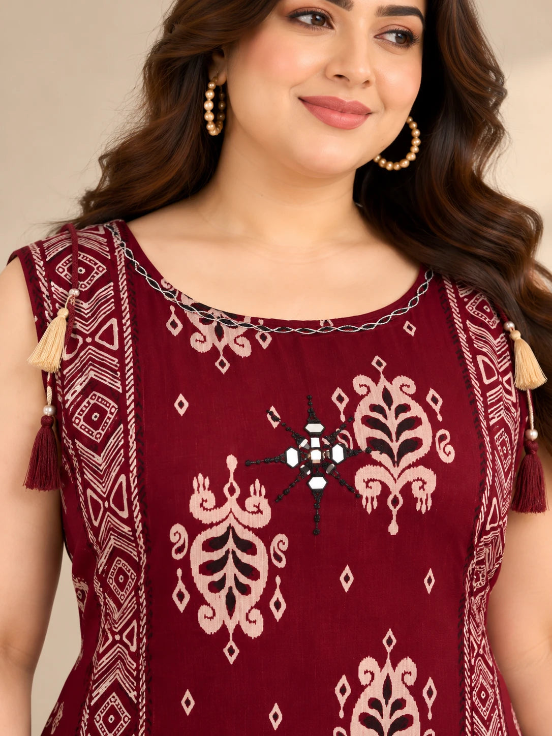 Plus Size Maroon Ethnic Printed Kurta Palazzo Set