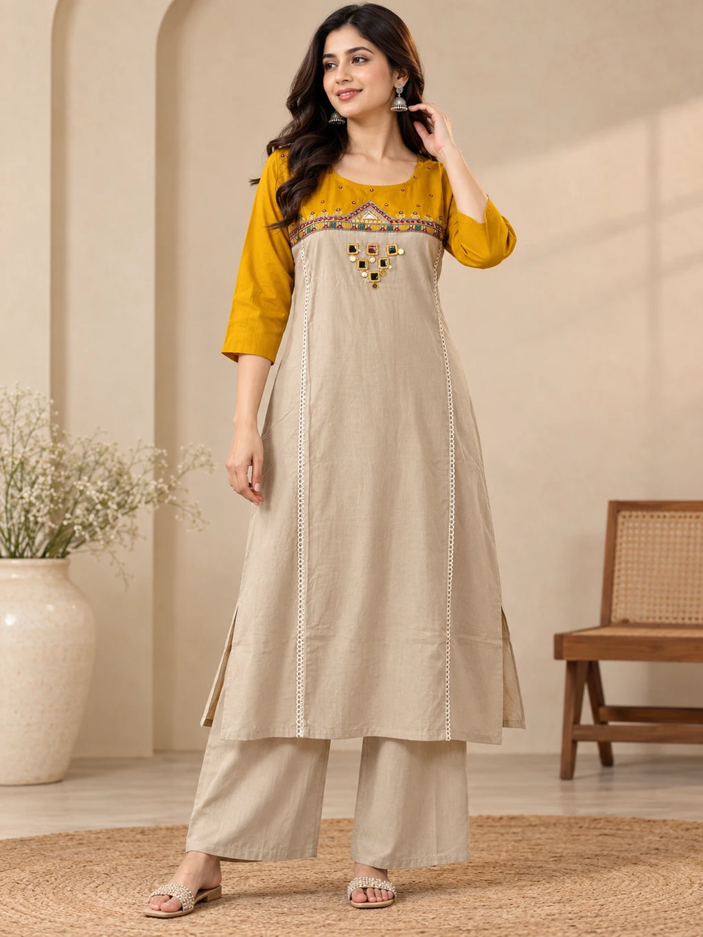 Mustard Yoke Embroidered Kurta Palazzo Set