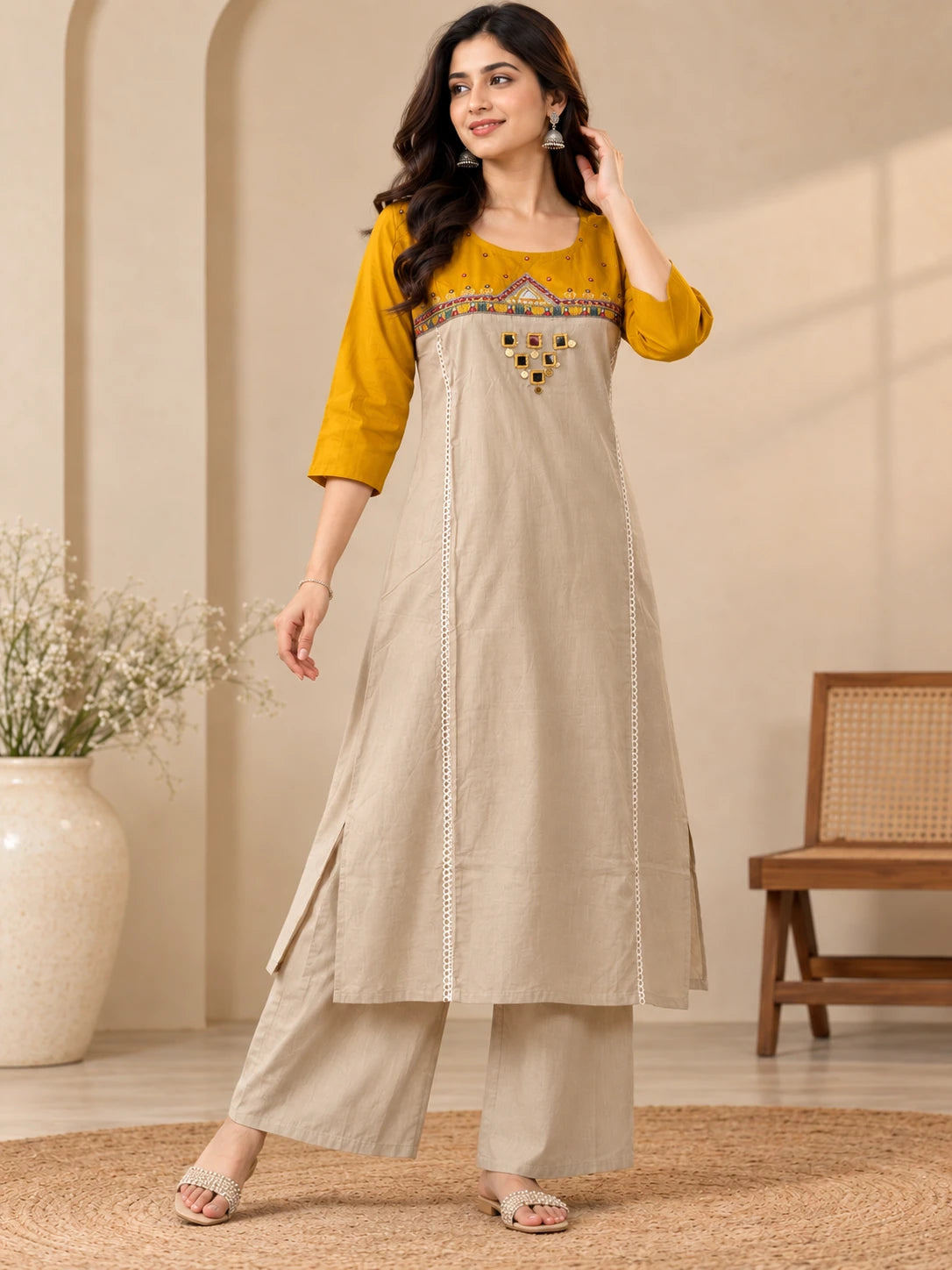 Mustard Yoke Embroidered Kurta Palazzo Set