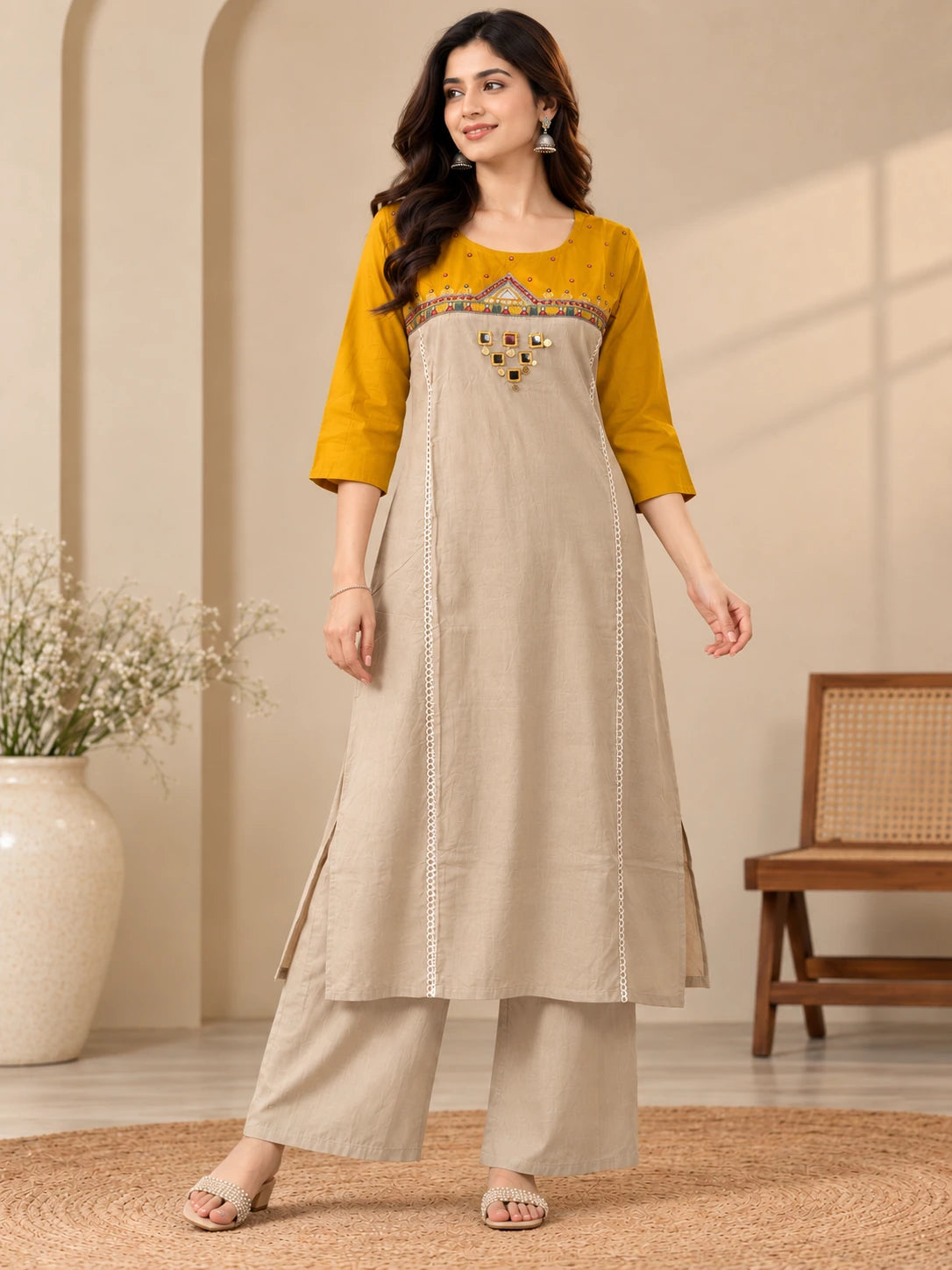 Mustard Yoke Embroidered Kurta Palazzo Set