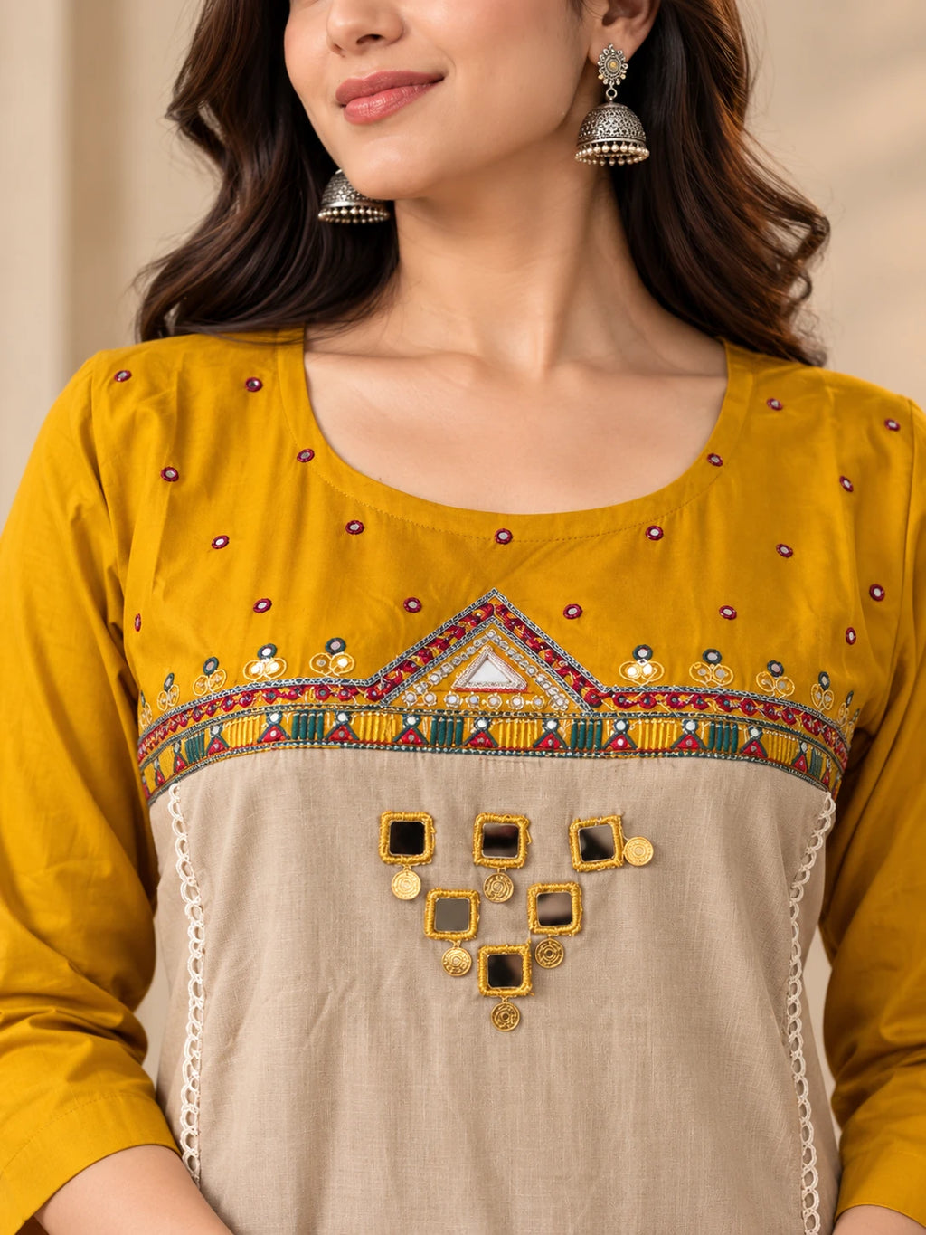 Mustard Yoke Embroidered Kurta Palazzo Set
