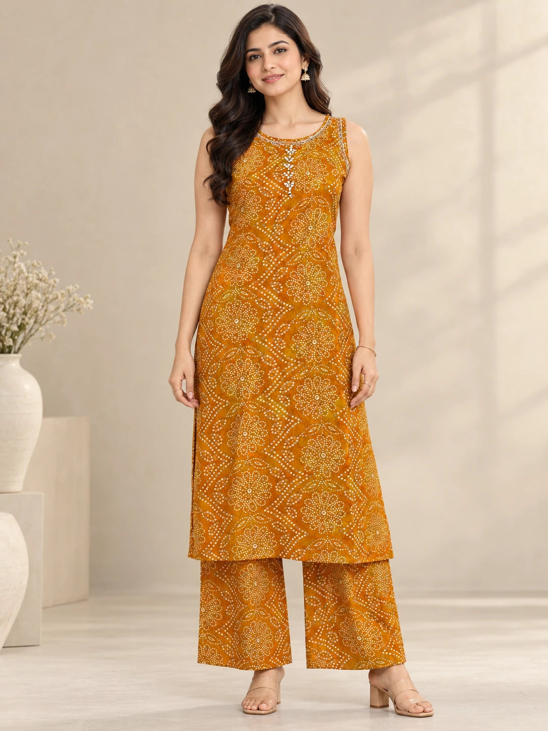 Mustard Yellow Bandhani Kurta Palazzo Set