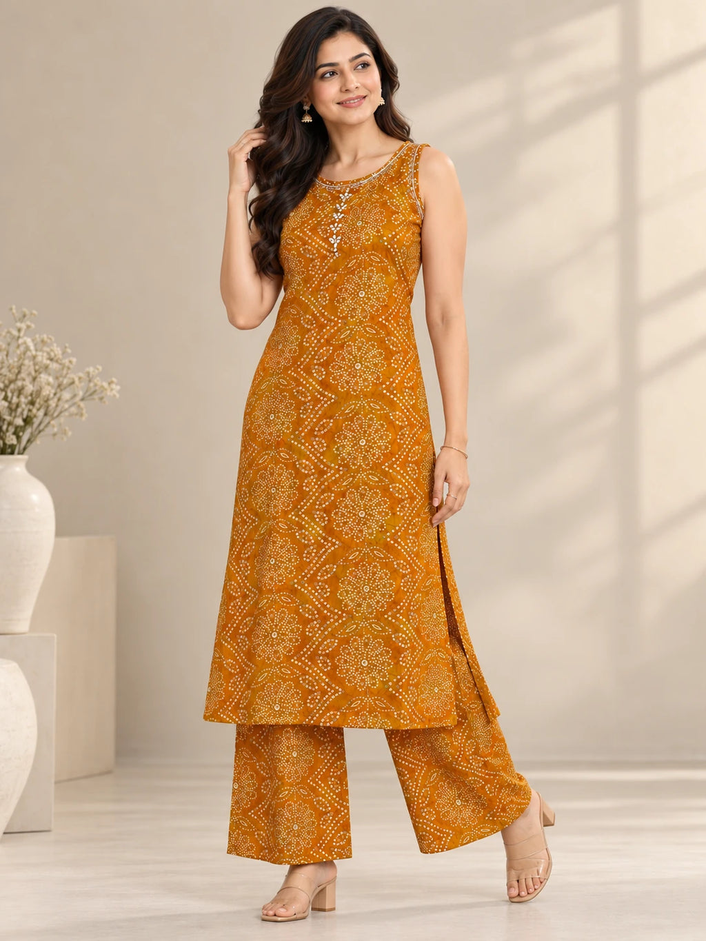 Mustard Yellow Bandhani Kurta Palazzo Set