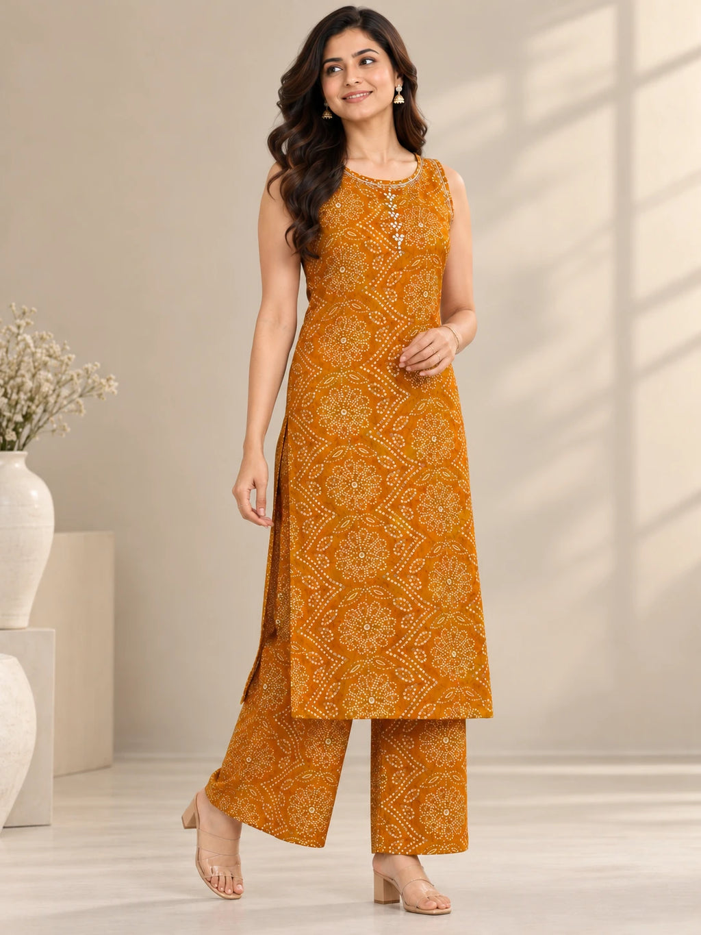 Mustard Yellow Bandhani Kurta Palazzo Set