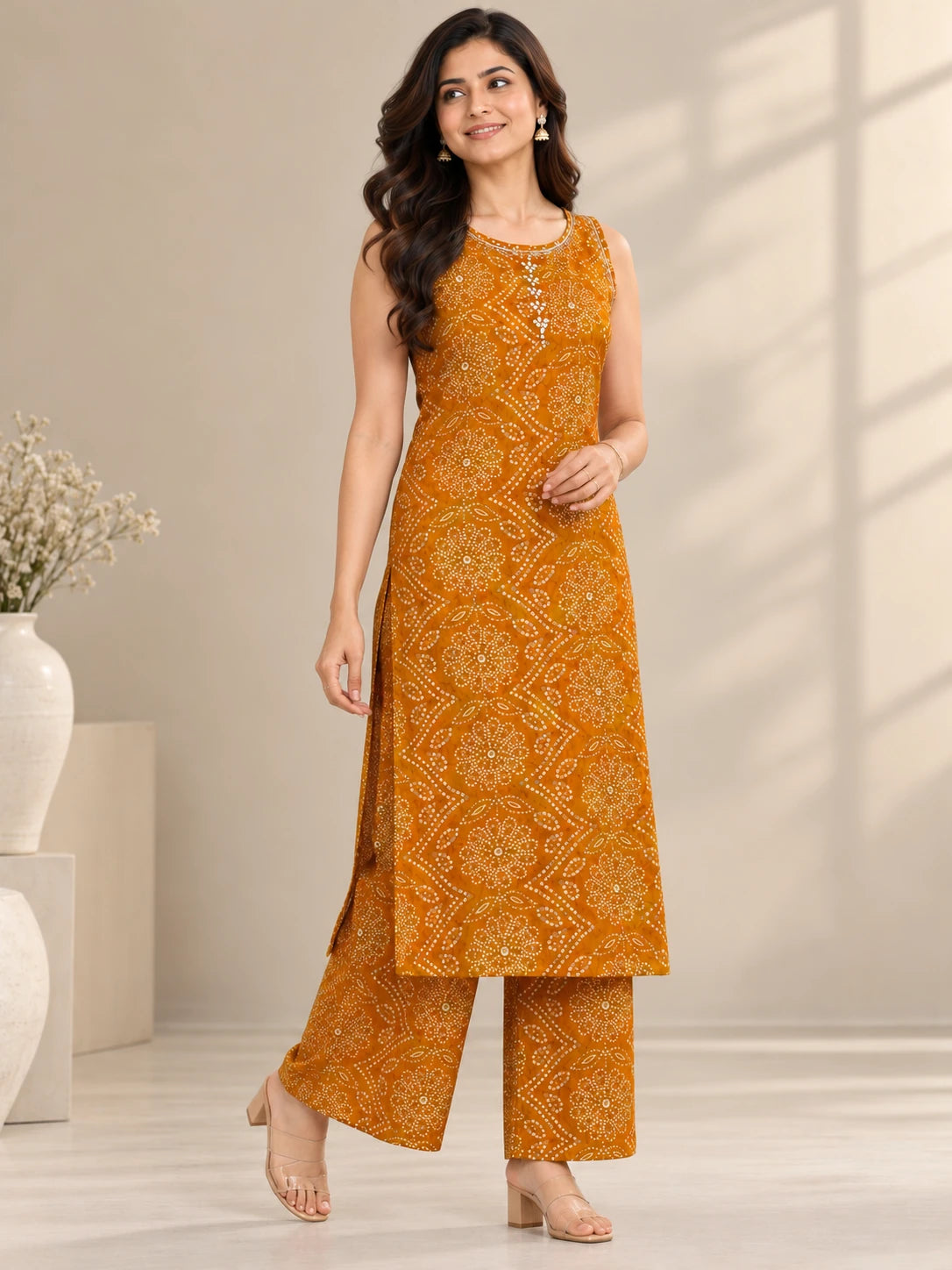 Mustard Yellow Bandhani Kurta Palazzo Set