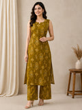 Mustard Green Rayon Katha Work Printed Co-ord Set