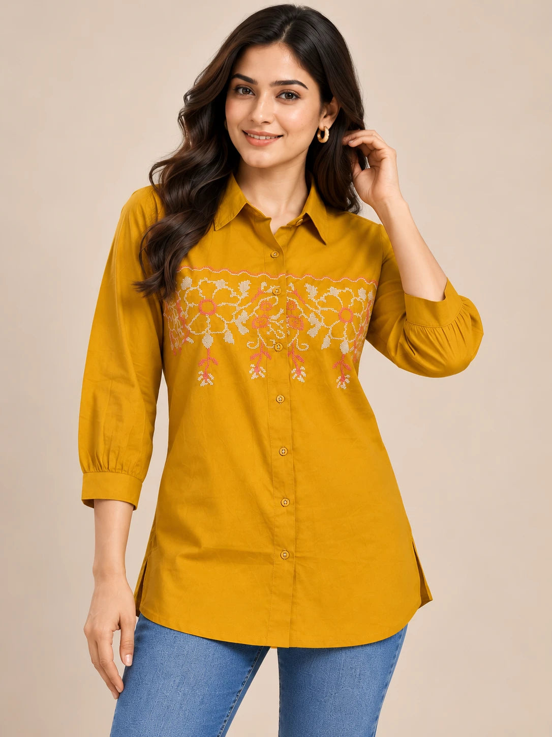 Mustard Embroidered Cotton Tunic