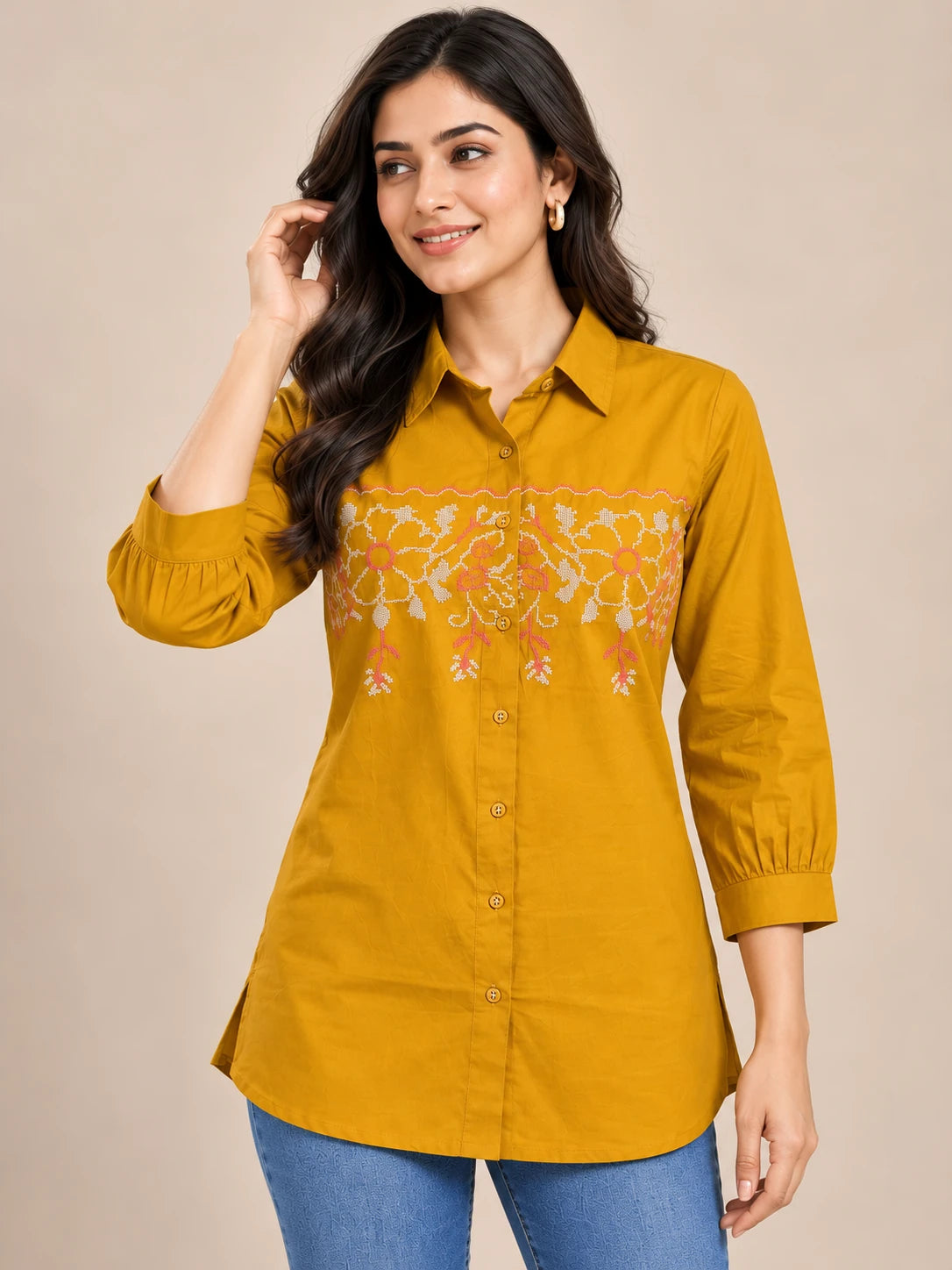 Mustard Embroidered Cotton Tunic
