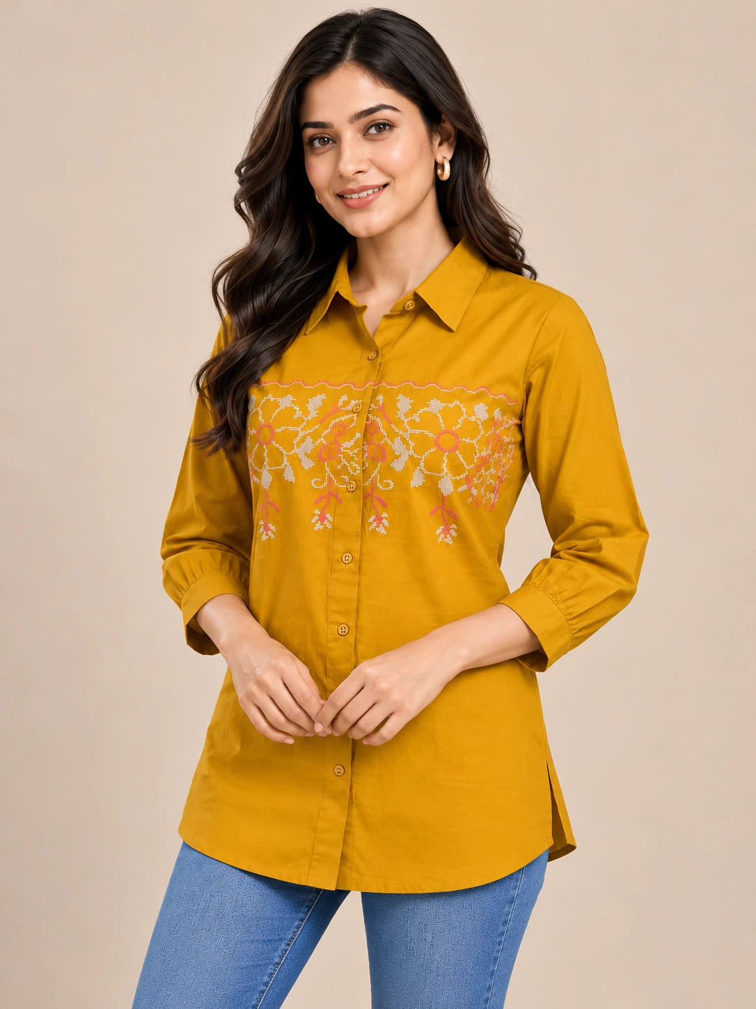 Mustard Embroidered Cotton Tunic