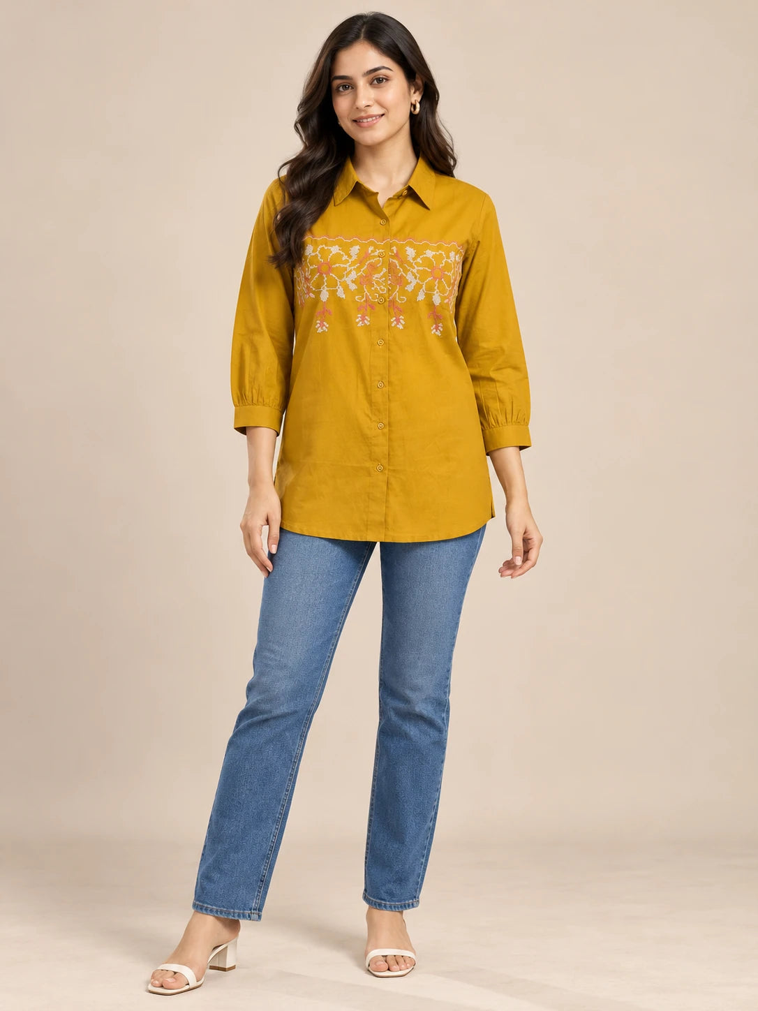 Mustard Embroidered Cotton Tunic