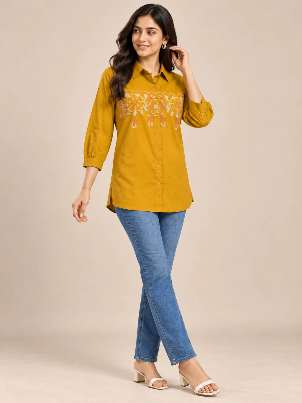 Mustard Embroidered Cotton Tunic